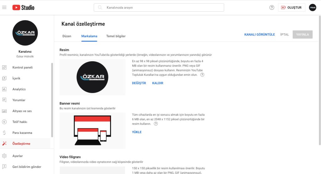Youtube Kanal Özelleştirme